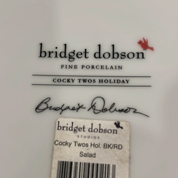 Bridget Dobson (4) Salad Plates "Cocky Twos Holiday" Pattern Fine Porcelain - Picture 6 of 7